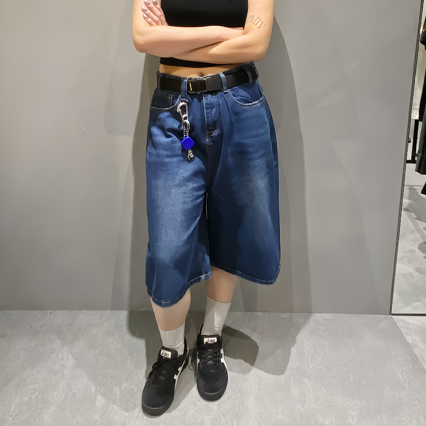 闊腿直筒寬鬆七分褲/深藍