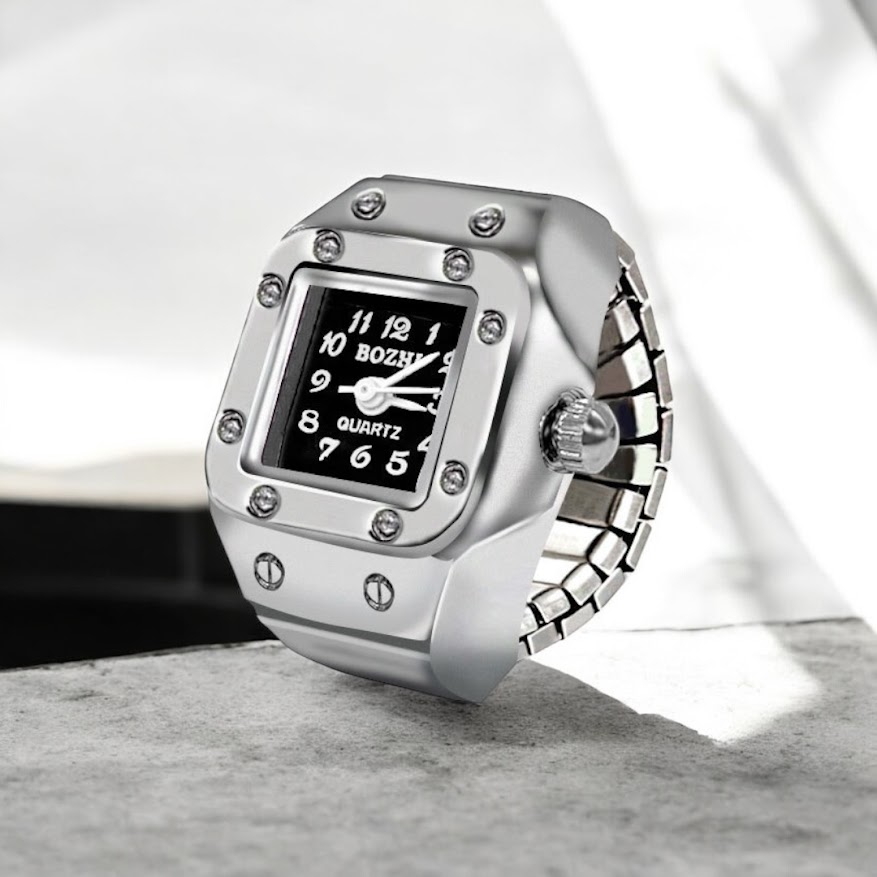 方形戒指銀錶(黑錶面)