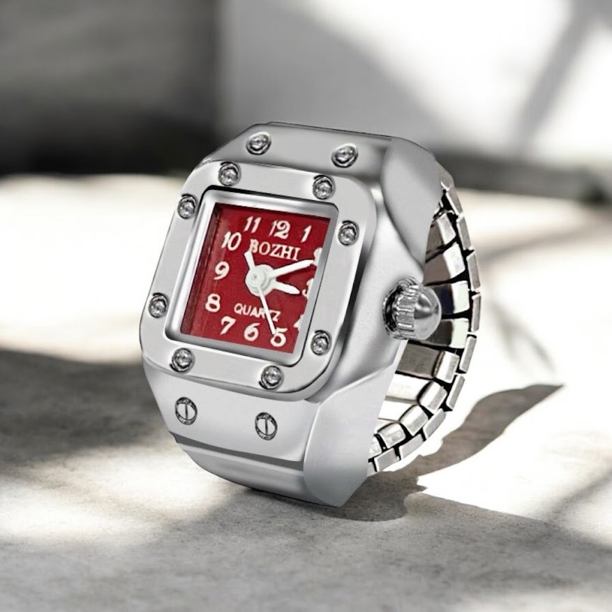 方形戒指銀錶(紅錶面)