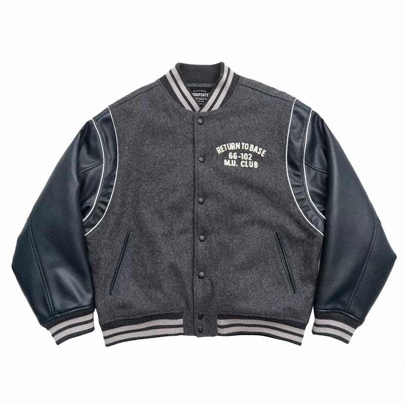 MIDUPDATE羊毛皮革棒球外套/深灰