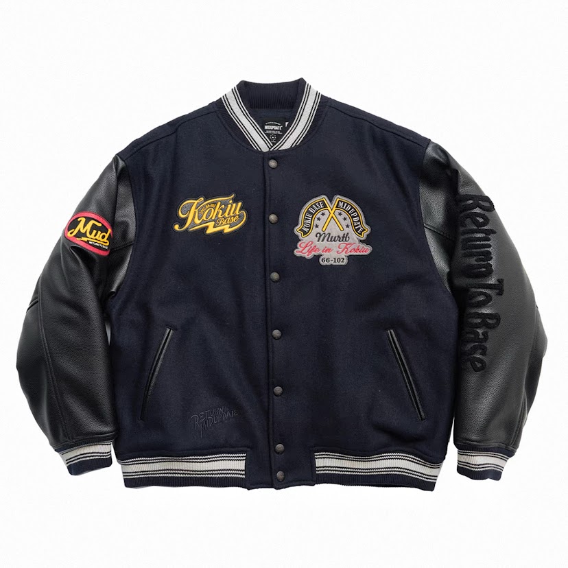 MIDUPDATE羊毛飛豬刺繡棒球外套/黑