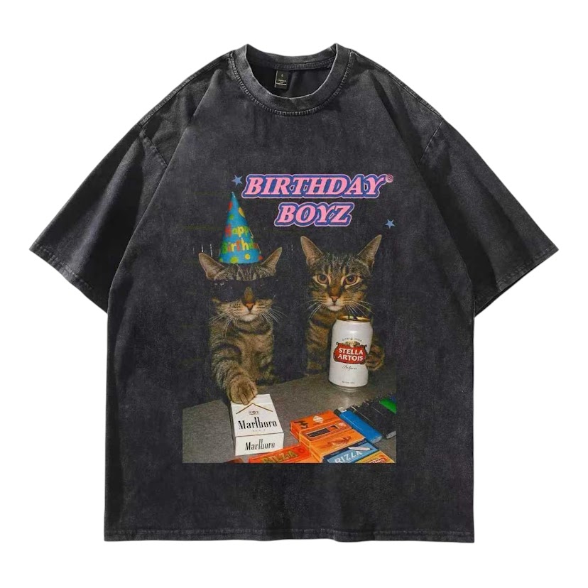 生日貓男孩水洗短T