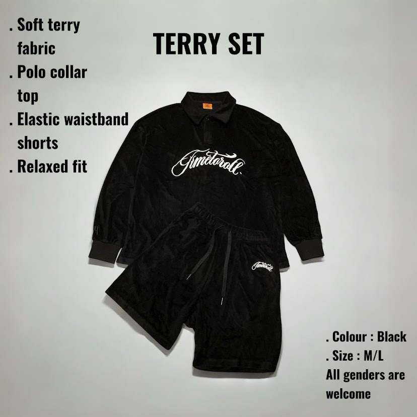 T.D.G立體刺繡毛巾寬版長袖POLO衫/黑